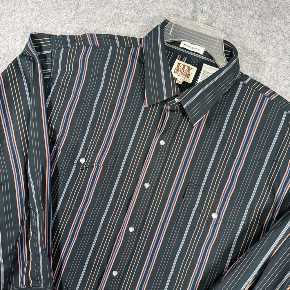 Ely Cattleman Western Shirt Mens XXL Black Striped Pearl Snap 208013 Wrinkle Res